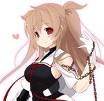  asymmetrical_clothes black_serafuku breasts detached_sleeves eyebrows_visible_through_hair gloves hair_flaps heart highres kantai_collection large_breasts light_brown_hair long_hair looking_at_viewer murasame_(kantai_collection) red_eyes remodel_(kantai_collection) school_uniform serafuku sideboob sleeveless smile solo tatsuya_(trypaint) two_side_up upper_body white_background white_gloves 