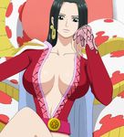  1girl bangs black_hair boa_hancock breasts cape chin_rest female large_breasts legs_crossed long_hair one_piece salome_(one_piece) sitting skull snake snake_earrings solo 