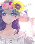  absurdres bare_shoulders black_hair blue_eyes flower hand_on_headwear hat hat_flower highres jewelry long_hair looking_at_viewer maruhe1234 necklace purple_hair shirt smile smug solo sun_hat white_shirt 