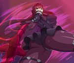  1girl armor artist_name ass bodysuit breasts fate/grand_order fate_(series) from_behind from_below frown gae_bolg gloves huge_ass large_breasts long_hair looking_at_viewer looking_down pantyhose purple_hair red_eyes scathach_(fate/grand_order) shiny shiny_clothes shiny_hair sideboob solo spear very_long_hair weapon yanows 