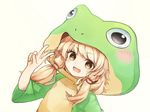  animal_costume blonde_hair eyebrows_visible_through_hair frog_costume hair_ribbon highres hito_komoru looking_at_viewer moriya_suwako open_mouth ribbon simple_background solo touhou tress_ribbon upper_body v yellow_background yellow_eyes 