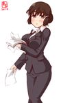  alternate_costume artist_logo black_coat black_pants breasts brown_eyes brown_hair business_suit commentary_request cowboy_shot dated dress_shirt formal hair_bun highres kanon_(kurogane_knights) kantai_collection large_breasts myoukou_(kantai_collection) office_lady pant_suit pants paper shirt short_hair simple_background solo suit 
