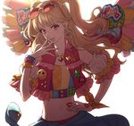  aikatsu! aikatsu!_(series) backlighting blonde_hair bracelet eyewear_on_head jewelry komo_(sleepy) long_hair looking_at_viewer midriff natsuki_mikuru navel necklace red_eyes simple_background solo sunglasses two_side_up 