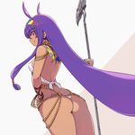  animal_ears ass back bare_shoulders bra bracelet chan_co closed_mouth collar cowboy_shot earrings facial_mark fate/grand_order fate_(series) from_behind hair_tubes hand_on_hip headband holding hoop_earrings jewelry long_hair looking_at_viewer looking_back nitocris_(fate/grand_order) panties purple_eyes purple_hair sideways_mouth smile solo staff standing thong underwear very_long_hair white_bra white_panties 