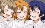  bangs blue_hair blush brown_eyes closed_eyes closed_mouth commentary_request grey_hair hair_between_eyes hands_on_another's_shoulders highres kousaka_honoka long_hair looking_at_viewer love_live! love_live!_school_idol_festival_all_stars love_live!_school_idol_project mimori_suzuko minami_kotori multiple_girls nitta_emi open_mouth orange_hair photo-referenced sandwiched seiyuu seiyuu_connection shirt shogo_(4274732) simple_background smile sonoda_umi uchida_aya upper_body white_shirt 