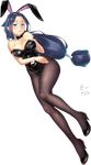  ;d animal_ears arm_strap bettle_(b_s_a_n) black_footwear black_hair black_legwear black_leotard black_neckwear blue_eyes blush breast_suppress breasts bunny_girl covered_navel detached_collar fake_animal_ears full_body high_heels hikage_(sennen_sensou_aigis) large_breasts leotard long_hair looking_at_viewer low-tied_long_hair one_eye_closed open_mouth pantyhose parted_lips sennen_sensou_aigis smile solo transparent_background very_long_hair wrist_cuffs 