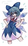  :d artist_name asuku_(69-1-31) bangs bare_arms blue_bow blue_dress blue_eyes blue_hair blue_wings blush bow cirno contrapposto cropped_legs dress eyebrows eyebrows_visible_through_hair fairy flat_chest hair_between_eyes hair_bow hand_on_hip ice ice_wings legs_apart looking_at_viewer open_mouth pixiv_id puffy_short_sleeves puffy_sleeves red_ribbon ribbon shirt short_hair short_sleeves simple_background smile solo standing tongue touhou undershirt v-shaped_eyebrows white_background white_shirt wings 