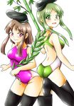  ass back bamboo black_hat black_legwear blush breasts brown_hair commentary_request competition_swimsuit d-m_(dii_emu) green_eyes green_hair hat highres looking_at_viewer looking_back medium_breasts multiple_girls myouga_(plant) nishida_satono one-piece_swimsuit open_mouth purple_eyes short_hair short_hair_with_long_locks smile swimsuit tate_eboshi teireida_mai thighhighs touhou 