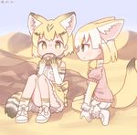  animal_ears blonde_hair blue_sky bow bowtie brown_eyes cat_ears cat_tail colo_(frypan_soul) commentary dated day desert eating elbow_gloves extra_ears fennec_(kemono_friends) food fox_ears fox_tail frilled_skirt frills fur_trim gloves highres holding holding_food japari_bun kemono_friends looking_at_another miniskirt multiple_girls muted_color outdoors pink_sweater print_gloves print_legwear print_skirt sand_cat_(kemono_friends) sand_cat_print shirt short_hair short_sleeves sitting skirt sky sleeveless sleeveless_shirt smile sweater tail wariza white_gloves white_skirt yellow_eyes yellow_legwear yellow_neckwear 