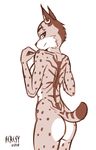  2018 anthro breasts butt ear_piercing feline heresy_(artist) looking_at_viewer lynx mammal miyu_lynx monochrome nintendo nude piercing sketch star_fox video_games 