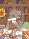  animal_crossing animated anthro book canine clothed clothing dobie_(animal_crossing) eyes_closed fur ink lamp male mammal nintendo old papreeca phonograph pointy_ears reading shirt sitting solo video_games wolf 