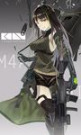  armband assault_rifle asymmetrical_legwear bangs black_hair black_legwear black_shorts breasts brown_eyes bullet camouflage_jacket case character_name clothes_around_waist commentary_request detached_sleeves elbow_gloves eyebrows_visible_through_hair girls_frontline gloves green_hair grey_gloves gun highres holding holding_gun holding_strap holding_weapon jacket jacket_around_waist large_breasts long_hair looking_at_viewer m4_carbine m4a1_(girls_frontline) magazine_(weapon) mod3_(girls_frontline) multicolored_hair nero4 ribbed_legwear ribbed_shirt rifle scarf scope shell_casing shirt short_shorts shorts sleeveless sleeveless_shirt smile solo strap streaked_hair suppressor thighhighs thighs weapon weapon_bag 