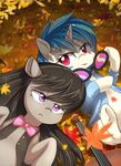  2015 autumn aymint black_hair blue_hair bow_tie cello clothing cute detailed_background duo earth_pony equine eyebrows eyelashes eyewear female friendship_is_magic frown glasses hair horn horse leaves looking_at_viewer lying makeup mammal mascara mostly_nude musical_instrument my_little_pony octavia_(mlp) on_back open_mouth open_smile outside pony portrait purple_eyes shirt short_hair smile unicorn vest vinyl_scratch_(mlp) 