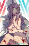  bangs blood blood_on_face breasts closed_mouth collared_jacket copyright_name darling_in_the_franxx film_grain finger_to_mouth green_eyes hair_censor hair_over_breasts hairband head_tilt highres horns jacket jacket_on_shoulders large_breasts long_hair looking_at_viewer madyy nude open_clothes open_jacket pink_hair sitting solo v white_hairband white_jacket zero_two_(darling_in_the_franxx) 