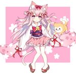  animal animal_ears azur_lane bangs bell blush blush_stickers bow brown_footwear cat_ears cat_girl cat_tail closed_mouth commentary_request dog eyebrows_visible_through_hair flower frilled_skirt frills full_body hair_between_eyes hair_bow hair_flower hair_ornament hair_ribbon hand_up japanese_clothes jingle_bell jiucheng_nainai kimono kisaragi_(azur_lane) long_hair long_sleeves looking_at_viewer obi pantyhose petals pink_background pink_eyes pink_flower pink_hair pink_kimono pink_skirt red_bow red_ribbon ribbon sash short_kimono skirt sleeves_past_wrists solo tail thick_eyebrows two-tone_background two_side_up very_long_hair white_background white_legwear wide_sleeves zouri 