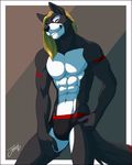  2018 5_fingers abs anthro black_nose blonde_hair brown_background bulge canine clothed clothing feralise green_eyes grey_skin grin hair hand_on_thigh looking_at_viewer male mammal multicolored_skin muscular muscular_male pose simple_background smile solo standing topless two_tone_skin underwear white_skin wolf 