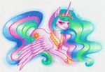  2017 colored_pencil crown cutie_mark equine eyebrows eyelashes feathered_wings feathers female friendship_is_magic full-length_portrait hair horn looking_at_viewer lying makeup mammal mascara multicolored_hair my_little_pony pencil_(artwork) piiu portrait princess_celestia_(mlp) purple_eyes signature simple_background smile solo sparkles traditional_media_(artwork) white_background winged_unicorn wings 