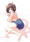  animal_ears ass bare_shoulders barefoot beige_sweater blush brown_hair cat_ears cat_tail commentary_request fang feet green_eyes hasumi_(hasubatake39) highres idolmaster idolmaster_cinderella_girls legs looking_back lying maekawa_miku off-shoulder_sweater off_shoulder on_side open_mouth paw_pose pink_camisole short_hair shorts smile soles solo sweater tail thighs white_background 