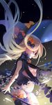  abigail_williams_(fate/grand_order) black_bow black_dress black_legwear black_panties blonde_hair bow breasts closed_eyes closed_mouth commentary_request dissolving_clothes dress fate/grand_order fate_(series) floating_hair hair_bow hat hat_bow highres long_hair medium_breasts navel orange_bow panties polka_dot polka_dot_bow profile saubupo single_thighhigh solo stuffed_animal stuffed_toy teddy_bear thighhighs underboob underwear very_long_hair witch_hat 