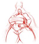  abs audiophilekitsune big_breasts breasts clothed clothing female homestuck horn huge_breasts humanoid ms_paint_adventures not_furry red_theme sketch smile solo standing thick_thighs troll_(homestuck) voluptuous vriska_serket 