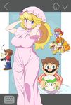  1boy 1up 2girls alternate_costume apron arms_behind_head blonde_hair book bowser_jr. bracelet breasts brown_footwear brown_hair covering_face crown dress earrings facial_hair fang flipping_food flower_earrings food frying_pan gloves hands_up holding holding_book impossible_clothes jewelry koopalings large_breasts lemmy_koopa long_hair long_sleeves looking_away looking_to_the_side mario mario_(series) mob_cap multicolored_hair multiple_girls multiple_views mushroom musical_note mustache nightgown nm_qi no_gloves no_hat open_book open_mouth orange_dress parted_lips pink_lips princess_daisy princess_peach red_shirt shirt shoes sleepwear spiked_bracelet spikes stuffed_toy super_mario_bros. under_covers white_gloves 