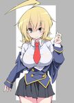  absurdres ahoge blazblue blazer blonde_hair blue_eyes breasts commentary_request es_(xblaze) hair_between_eyes highres huge_ahoge jacket large_breasts long_hair long_sleeves looking_at_viewer necktie pleated_skirt sakakiba_misogi skirt smile solo xblaze xblaze_code:_embryo 