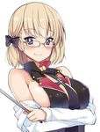  azur_lane bangs bare_shoulders between_breasts black_bow black_neckwear blonde_hair bow breasts breasts_apart bright_pupils covered_nipples crossed_arms eyebrows_visible_through_hair glasses hair_bow holding index_finger_raised kusano_(torisukerabasu) large_breasts long_sleeves looking_at_viewer necktie necktie_between_breasts pointer purple_eyes shiny shiny_hair shiny_skin short_hair sideboob silver-framed_eyewear simple_background solo upper_body white_background wrist_cuffs z23_(azur_lane) 