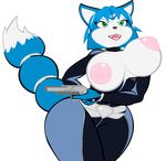  anthro belt big_breasts blue_fur blue_hair bodysuit bouncing_breasts breasts canine clothing digital_media_(artwork) female fox fur gun hair holding_object holding_weapon jewelry krystal lil_scooter56 mammal nintendo ranged_weapon simple_background skinsuit solo star_fox tailband thick_thighs tight_clothing video_games weapon white_fur 