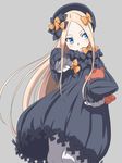  abigail_williams_(fate/grand_order) bangs black_bow black_dress black_hat blonde_hair bloomers blue_eyes blush bow bug butterfly commentary_request dress fate/grand_order fate_(series) forehead grey_background hair_bow hat head_tilt highres insect long_hair long_sleeves looking_away looking_to_the_side object_hug orange_bow parted_bangs parted_lips pitecube simple_background sleeves_past_fingers sleeves_past_wrists solo stuffed_animal stuffed_toy teddy_bear underwear very_long_hair white_bloomers 