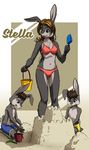  5_fingers anthro bikini black_fur blue_eyes breasts brown_hair clothed clothing female fur grey_fur group hair lagomorph male mammal mykegreywolf navel rabbit smile swimsuit topless young 