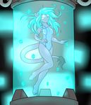  barefoot blue_hair bubble clothing feline female glowing glowing_eyes hair lion mammal science_fiction solo swimsuit water_tank 