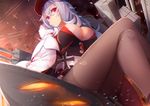  absurdres aircraft airplane azur_lane bangs black_jacket black_legwear blush bra bra_peek breasts cleavage closed_mouth coat crossed_legs eyebrows_visible_through_hair feet_out_of_frame foreshortening from_below fur-trimmed_coat fur_collar fur_trim graf_zeppelin_(azur_lane) hair_between_eyes highres iron_cross jacket large_breasts lavender_hair lens_flare light_particles long_hair looking_at_viewer looking_down machinery military_jacket motion_blur open_clothes open_coat pink_eyes sitting smoke solo tatapopo thighs turret underwear very_long_hair white_bra white_coat 
