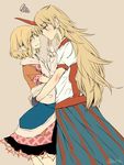  atoki blush brown_shirt commentary_request covering_mouth face-to-face finger_to_another's_mouth from_side green_eyes hand_over_another's_mouth highres horn hoshiguma_yuugi hug long_hair long_skirt looking_at_another mizuhashi_parsee multiple_girls pointy_ears red_eyes shirt short_hair short_sleeves skirt squiggle tan_background touhou twitter_username white_shirt yuri 