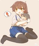  1girl akagi_(kantai_collection) black_legwear blue_hakama brown_eyes brown_hair character_doll commentary_request doll_hug hair_between_eyes hakama hakama_skirt ina_(1813576) japanese_clothes kaga_(kantai_collection) kantai_collection long_hair open_mouth side_ponytail sitting solo spoken_exclamation_mark tasuki thighhighs wariza 