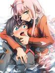  1girl :q aqua_eyes bangs black_hair blue_eyes blush breasts commentary_request couple darling_in_the_franxx eyebrows_visible_through_hair hairband hand_on_another's_face herozu_(xxhrd) hiro_(darling_in_the_franxx) horns licking_lips long_hair looking_at_viewer medium_breasts military military_uniform naughty_face oni_horns partially_submerged pink_hair red_horns saliva shiny shiny_hair tongue tongue_out uniform water white_hairband zero_two_(darling_in_the_franxx) 