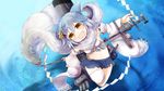  :3 animal_ears azur_lane blue_hair blue_skirt commentary_request detached_sleeves fox_ears fox_tail fubuki_(azur_lane) kohara_mihiro machinery midriff navel open open_mouth pleated_skirt scarf short_hair single_thighhigh skirt smokestack solo staff tail thighhighs underwater white_legwear white_scarf yellow_eyes 