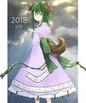  2018 animal_ears closed_mouth cloud cloudy_sky commentary_request dress egret green_eyes green_hair highres kasodani_kyouko looking_at_viewer outdoors purple_dress sash short_hair_with_long_locks sky sleeves_past_wrists smile solo standing tail tassel touhou twitter_username wide_sleeves 