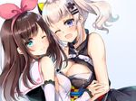  ;) ;d a.i._channel aqua_eyes asymmetrical_docking bangs blue_eyes blush breast_press breasts brown_hair cleavage cleavage_cutout commentary detached_sleeves dress dutch_angle eyebrows_visible_through_hair hair_ornament hairband hairclip heart kaguya_luna kaguya_luna_(character) kisaragi_yuri kizuna_ai lace-trimmed_sleeves looking_at_viewer medium_breasts multicolored_hair multiple_girls one_eye_closed open_mouth pink_hair sailor_collar silver_hair simple_background sleeveless sleeveless_dress smile twintails upper_body virtual_youtuber 
