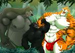  anthro anthrofied armpit_hair bagheera bagheera_(jungle_book) baloo body_hair claws disney edit feline hands_on_hips huge_muscles jungle jungle_book looking_up mammal muscualr_male muscular pantherine pecs shere_khan shocked size_difference tiger ursine 