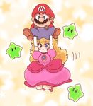  1boy 1girl blonde_hair blue_eyes brooch brown_footwear dress elbow_gloves facial_hair gloves hat lifting_person long_hair mario mario_(series) motion_lines mustache nm_qi overalls pink_dress pink_footwear princess_peach puffy_short_sleeves puffy_sleeves red_hat red_shirt shirt shoes star super_mario_bros. white_gloves 