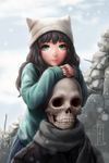  beanie commentary hat highres kotikomori long_hair looking_at_viewer original skull solo 