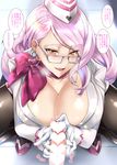  1girl breasts censored choker cleavage collarbone earrings fang fate/grand_order fate_(series) garrison_cap glasses gloves handjob hat heart heart_censor hetero highres jewelry koyanskaya kumakichi_(cost-lost) large_breasts long_hair looking_at_viewer pantyhose penis pink_hair pov precum ribbon_choker single_earring solo_focus squatting translation_request two-handed_handjob very_long_hair white_gloves yellow_eyes 