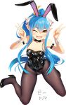  ;d animal_ears arm_strap bettle_(b_s_a_n) black_footwear black_legwear black_leotard black_neckwear blue_eyes blue_hair blush breasts brown_eyes bunny_girl covered_navel crescent detached_collar double_v fake_animal_ears full_body hair_between_eyes high_heels kaguya_(sennen_sensou_aigis) kneeling leotard long_hair looking_at_viewer one_eye_closed open_mouth pantyhose parted_lips pointy_ears sennen_sensou_aigis small_breasts smile solo thick_eyebrows transparent_background v very_long_hair wrist_cuffs 