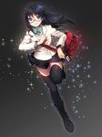  bad_id bad_pixiv_id bag black_hair black_legwear blazer blue_eyes full_body glasses highres jacket long_hair looking_at_viewer matsuki_ringo original red-framed_eyewear school_uniform semi-rimless_eyewear solo sparkle thighhighs under-rim_eyewear 