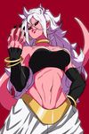  alternate_form android_21 black_nails black_sclera bracelet breasts commentary detached_sleeves dragon_ball dragon_ball_fighterz earrings fingernails harem_pants highres hoop_earrings imdsound jewelry large_breasts lavender_hair long_hair majin_android_21 nail_polish navel pants pink_skin pointy_ears red_eyes sharp_fingernails smile solo stomach tail upper_body white_hair 
