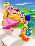  1girl :d ^_^ anger_vein battlement blonde_hair blue_eyes blue_hair bracelet breast_press breasts broken_eyewear claws cloud crown dress elbow_gloves eyelashes eyes_closed fangs gloves green_hair high_heels iggy_koopa koopa_clown_car koopalings larry_koopa long_hair ludwig_von_koopa mario_(series) morton_koopa_jr. nm_qi open_mouth pink_dress princess_peach pushing_away pushing_face roy_koopa sky smile spiked_bracelet spikes star struggling sunglasses super_mario_bros. twitter_username white_gloves 