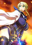  2018 ahoge artist_name artoria_pendragon_(all) artoria_pendragon_(lancer) belt black_gloves blonde_hair breasts cape commentary cowboy_shot dated embers epee eyebrows_visible_through_hair fate/grand_order fate_(series) gloves green_eyes hair_between_eyes highres holding holding_sword holding_weapon large_breasts mattari_yufi sidelocks solo sword thighhighs tight_top weapon zettai_ryouiki 