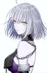  ahoge alternate_costume bare_shoulders breasts chain dress fate/grand_order fate_(series) fur_trim highres jeanne_d'arc_(alter)_(fate) jeanne_d'arc_(fate)_(all) large_breasts looking_back looking_to_the_side nipi27 pale_skin purple_dress short_hair sideboob silver_hair yellow_eyes 