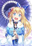  :d blonde_hair blue_eyes blue_flower blue_rose blush breasts bulbonne cleavage commentary_request floral_print flower fur_trim hair_flower hair_ornament hair_ribbon japanese_clothes kimono large_breasts long_hair looking_at_viewer mirai_akari mirai_akari_project open_mouth ribbon rose side_ponytail smile snow solo sparkling_eyes umbrella virtual_youtuber wide_sleeves 