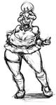  areola audiophilekitsune big_breasts breasts female homestuck horn humanoid looking_at_viewer monochrome ms_paint_adventures nipple_bulge pussy sketch smile smirk solo standing troll_(homestuck) voluptuous 